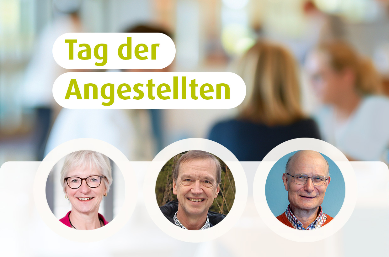 Hintergrundbild: Drei Personen sitzen an einem Tisch bei einer Besprechung. Darüber liegender Text: Tag der Angestellten. Fotos der Referierenden: Andrea Benecke, Heiner Vogel, Karl-Wilhelm Höffler